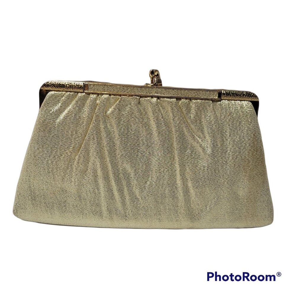 Gold Clutch Purse Kiss Lock Chain Handle Fabric Wedding Prom Holiday Vintage